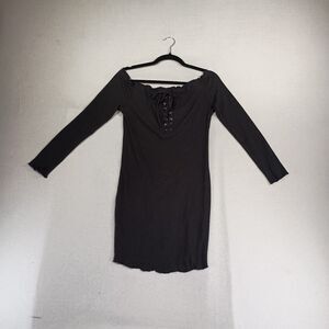 J For Justify Mini Dress Womens M Off Shoulder Lace Up BLack Ribbed Goth Grunge